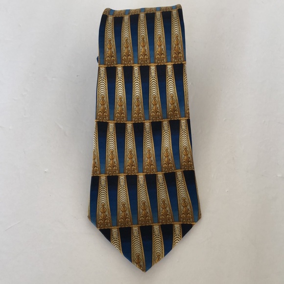 LANVIN PARIS SILK TIE BLUE GOLD COLUMNS - Picture 4 of 9